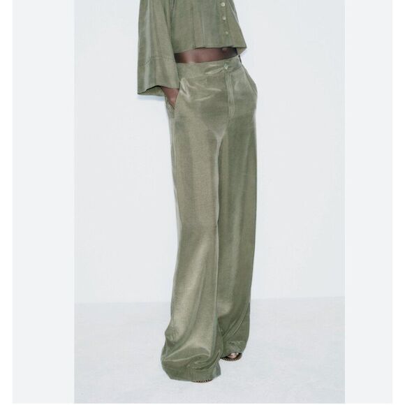 Zara Womans Pants Trousers Loose Fit Size S Khaki Green Wide Leg 0779/159 NWT - Picture 1 of 8